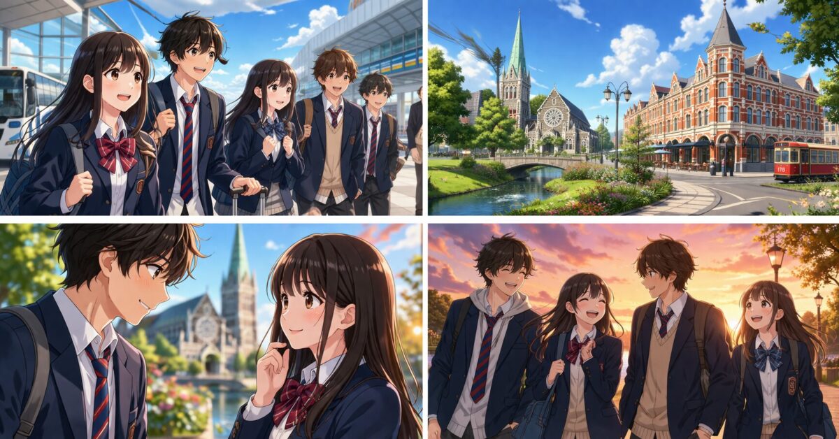 ニュージーランドの美しいレンガ造りの街並みや澄んだ青空を背景に、制服姿の高校生の男女が新しい出会いや恋の始まりに胸を躍らせている青春のイメージ