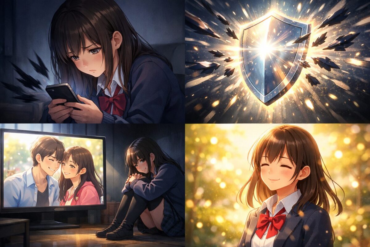 スマホの画面を見て落ち込む女子高生と、悪意を弾く盾、そして温かい光に包まれて微笑む少女たちの4コマ風イラストイメージ