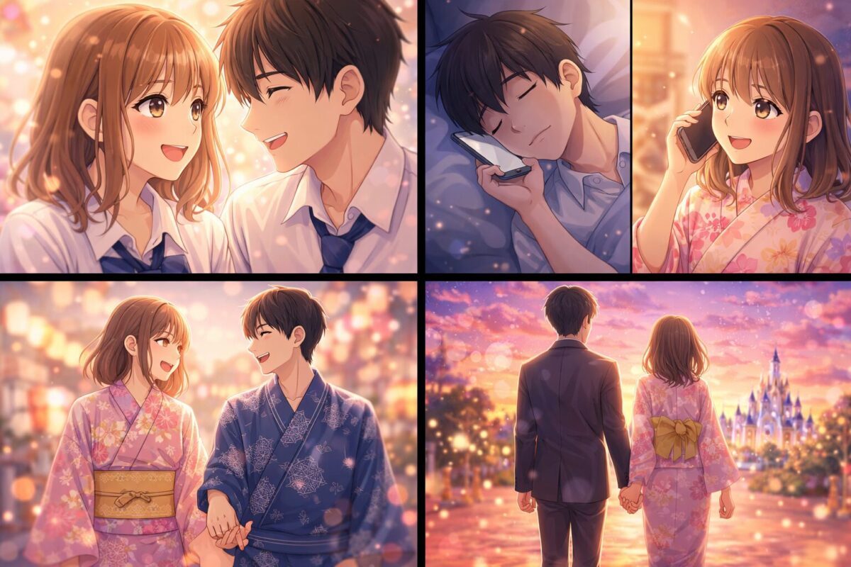 スマホで通話しながら微笑む高校生カップルと、笑顔で手をつなぐ2人の幸せなイメージ