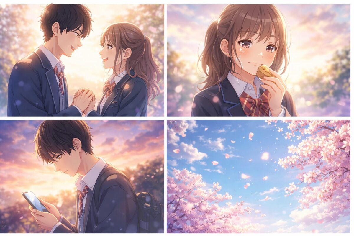 告白の結果に一喜一憂し、涙を流しながらも前を向く高校生たちの恋愛模様を描いた4コマ風のイラストイメージ