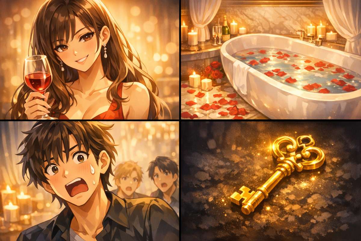 ワイングラスを持つ女性と翻弄される男性、秘密の鍵が描かれた恋愛サバイバルのイメージ