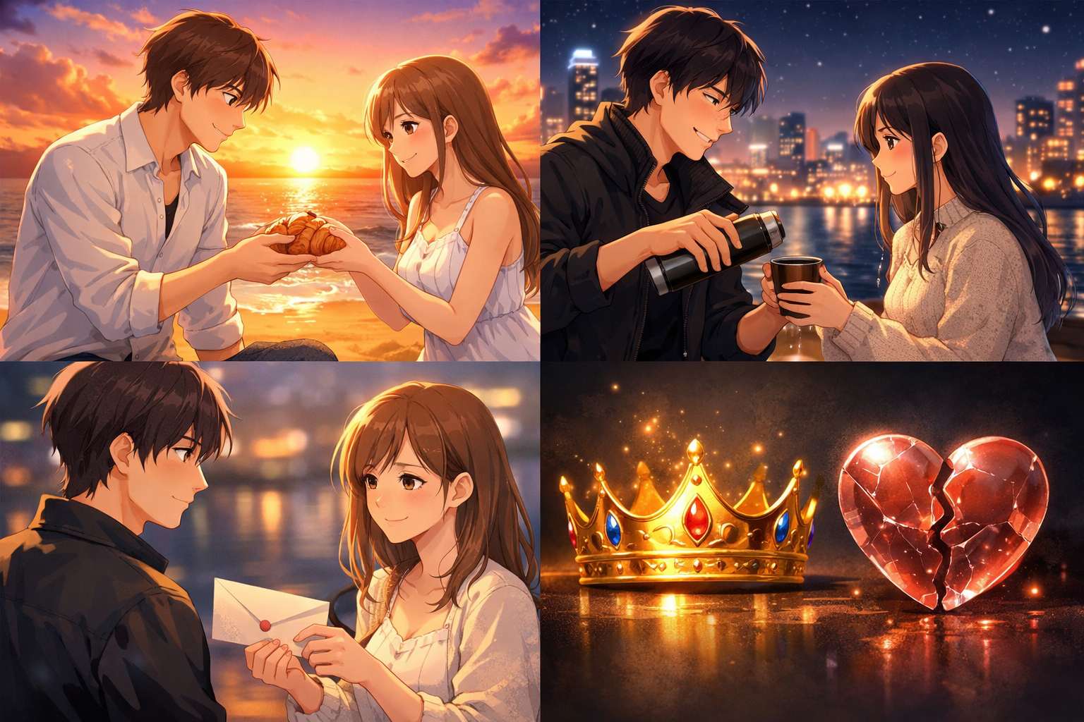 美しい夕日の海辺でクロワッサンを渡す男女、夜景を背にコーヒーを飲む二人、手紙を渡す切ない場面、王冠とひび割れたハートを描いたアニメ風4コマ画像。