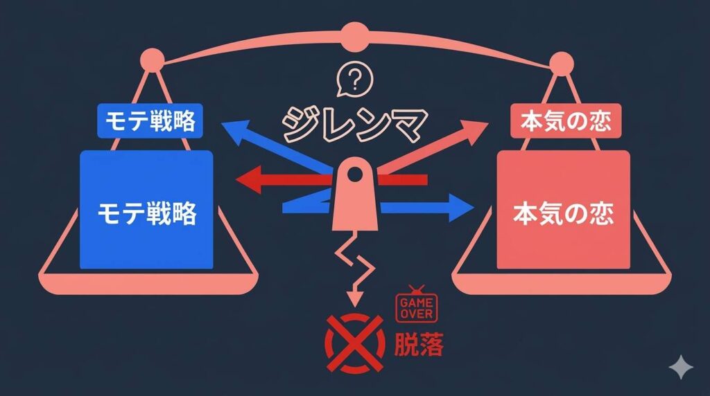 恋愛リアリティーショーにおけるモテるためのゲーム戦略と一人の相手への本気の恋が矛盾し脱落に繋がるジレンマ構造を図解したもの