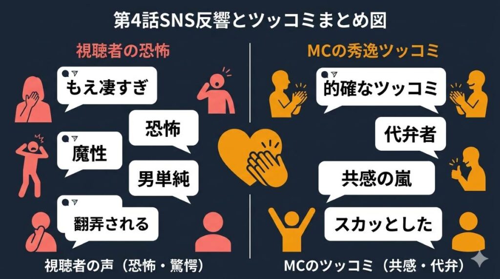 ラブパワーキングダム2第4話の「もえ無双」展開に対する視聴者の恐怖とMC菊池風磨のツッコミへの共感を示すSNS反響まとめ図解