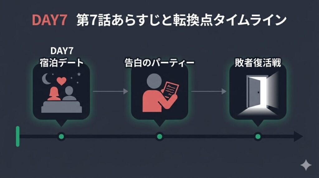 ラブパワーキングダム2第7話の宿泊デート、ラストパーティーの告白、敗者復活戦という3つの大きな転換点を時系列でまとめたタイムライン図解イメージ