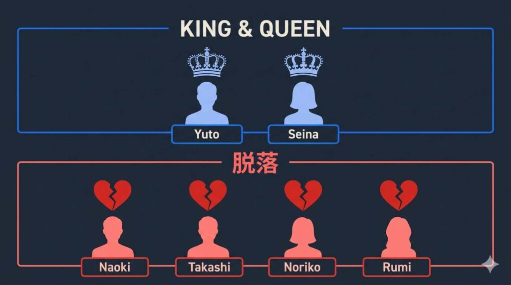 ラブパワーキングダム2第6話の3rd VOTE結果を図解。キングのゆうと、クイーンのせいなのトップ2名と、なおき、たかし、のりこ、るみの脱落者4名が一目で分かる情報整理図。