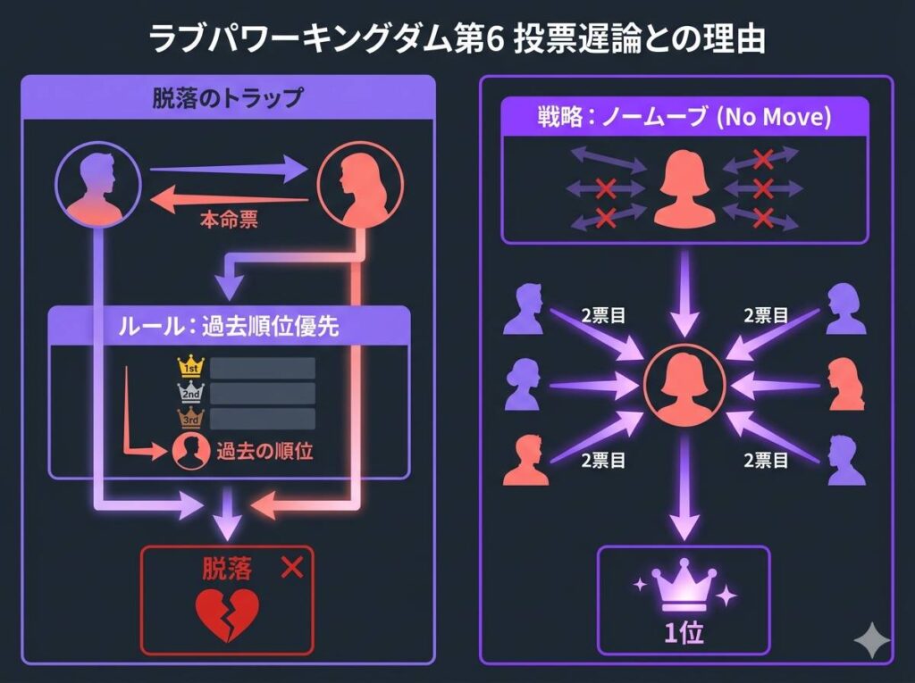 なおきの脱落要因とせいなの1位獲得要因を解説する因果関係図。同票時の過去順位優先ルールという罠と、デートなしでも2票目を集めるノームーブ戦略の構造を図解。