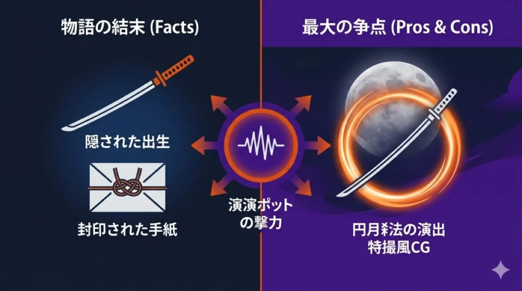 ドラマ『眠狂四郎』の物語の結末と、視聴者の間で巻き起こった演出に関する最大の争点を整理した比較図解。