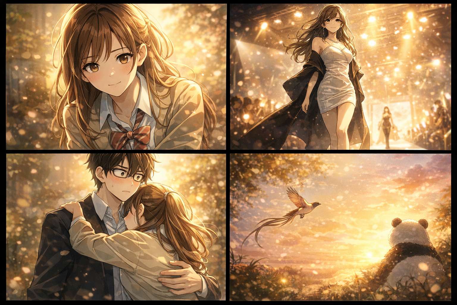 不器用で知的な男性とまっすぐな女性がハグをする場面や、カリスマモデルがランウェイを歩く姿など、本能と恋の結末を描いた4コマ風のアニメイラストイメージ