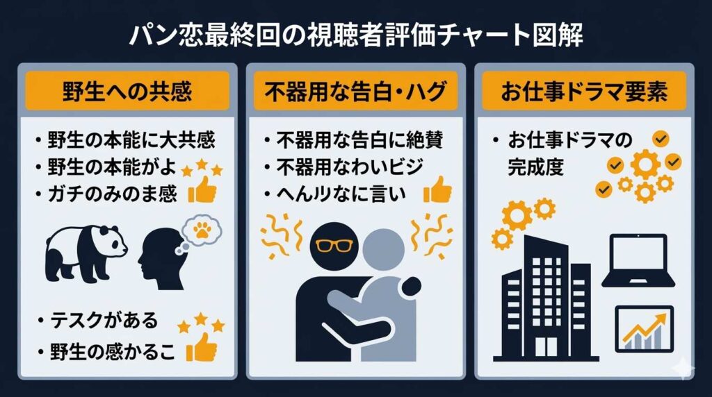 パン恋最終回に対する視聴者の感想・評価をまとめた図解。「野生への共感」「告白シーンへの絶賛」「お仕事ドラマとしての完成度」の3つの評価ポイントと熱狂の声が分かります。