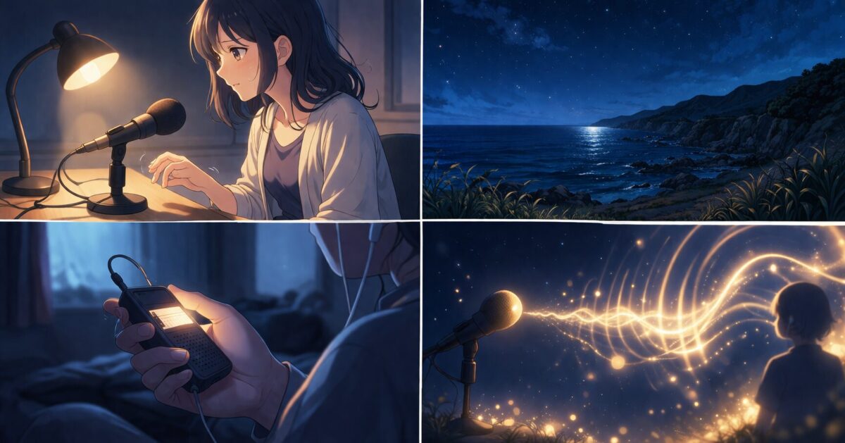 マイクに向かう女性と夜の海、ラジオを聴く手元を描いた4コマ風のアニメ調イラストイメージ