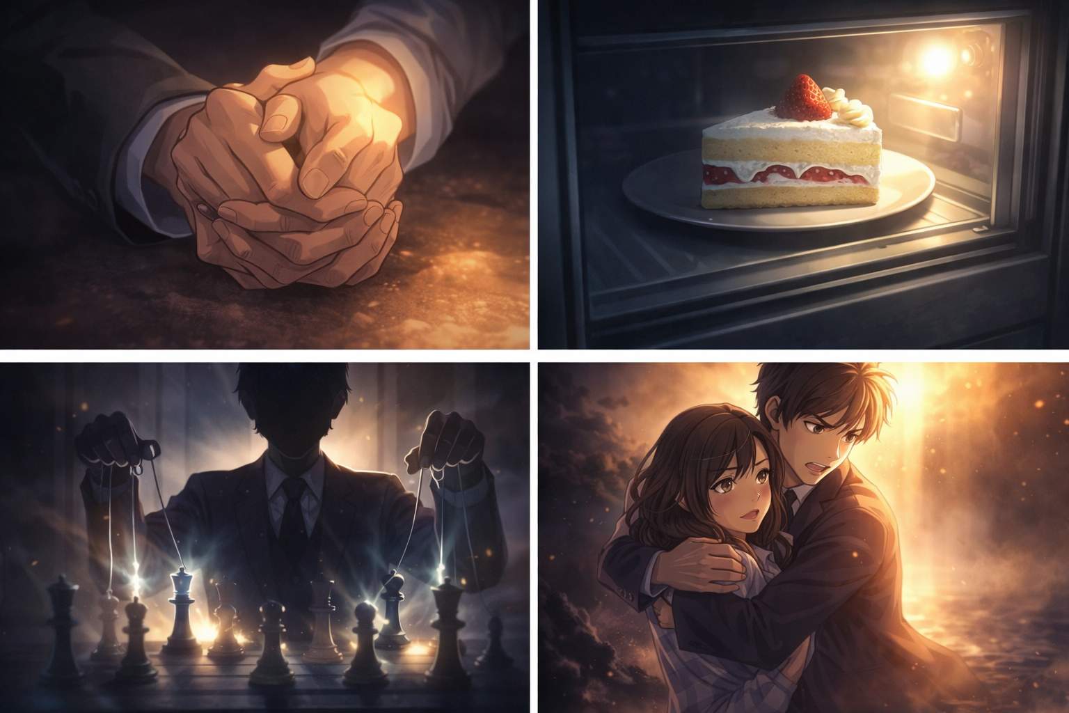 強く繋いだ手と冷蔵庫のショートケーキ、運命を弄ぶ黒幕の影と絶望の中で惹かれ合う夫婦の絆を表現したイメージ