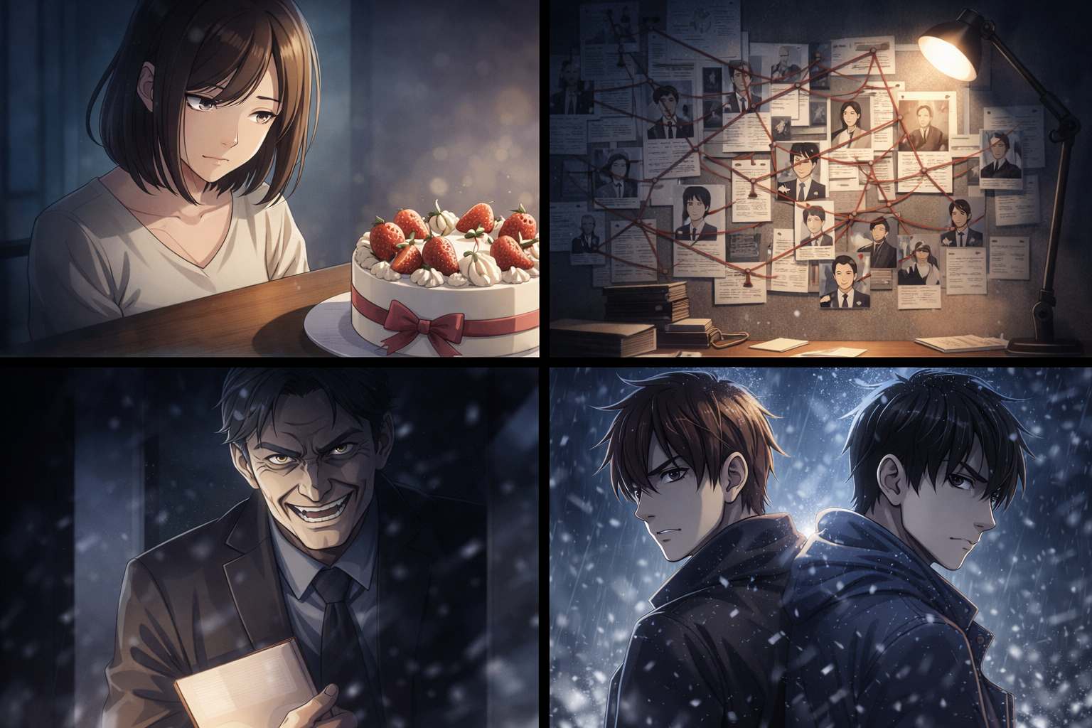 悲しげな表情でケーキを見つめる女性、赤い糸で繋がれた相関図、不気味に笑う男、雨の中で対立する二人の男性を描いたサスペンス調のイメージ。