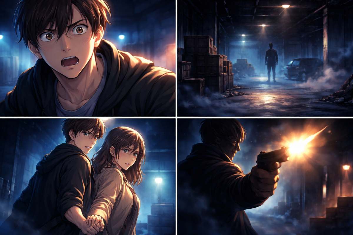 薄暗い空間で背中合わせに立つ男女と、その奥で銃口を向ける人影が交錯する緊迫したサスペンスシーンのイメージ。