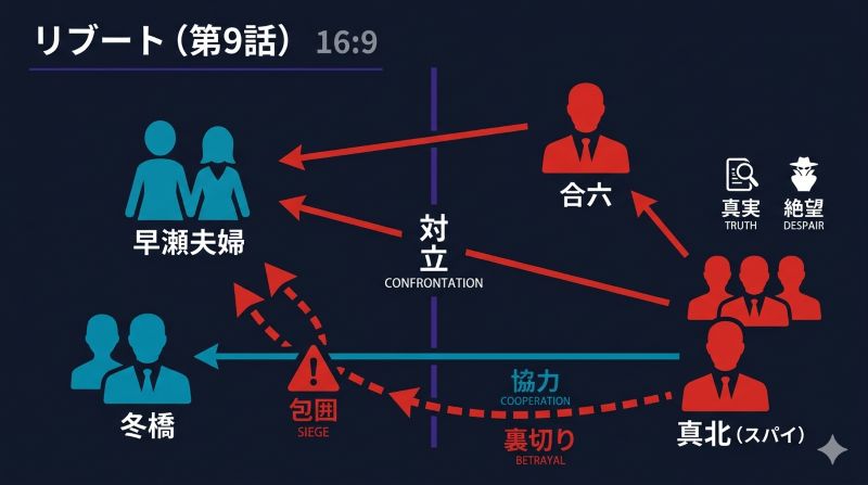 ドラマ「リブート」第9話の相関図。真北監察官の裏切りにより、早瀬夫婦と冬橋が合六組織に追い詰められる絶望的な対立構造をピクトグラムで可視化した図解。