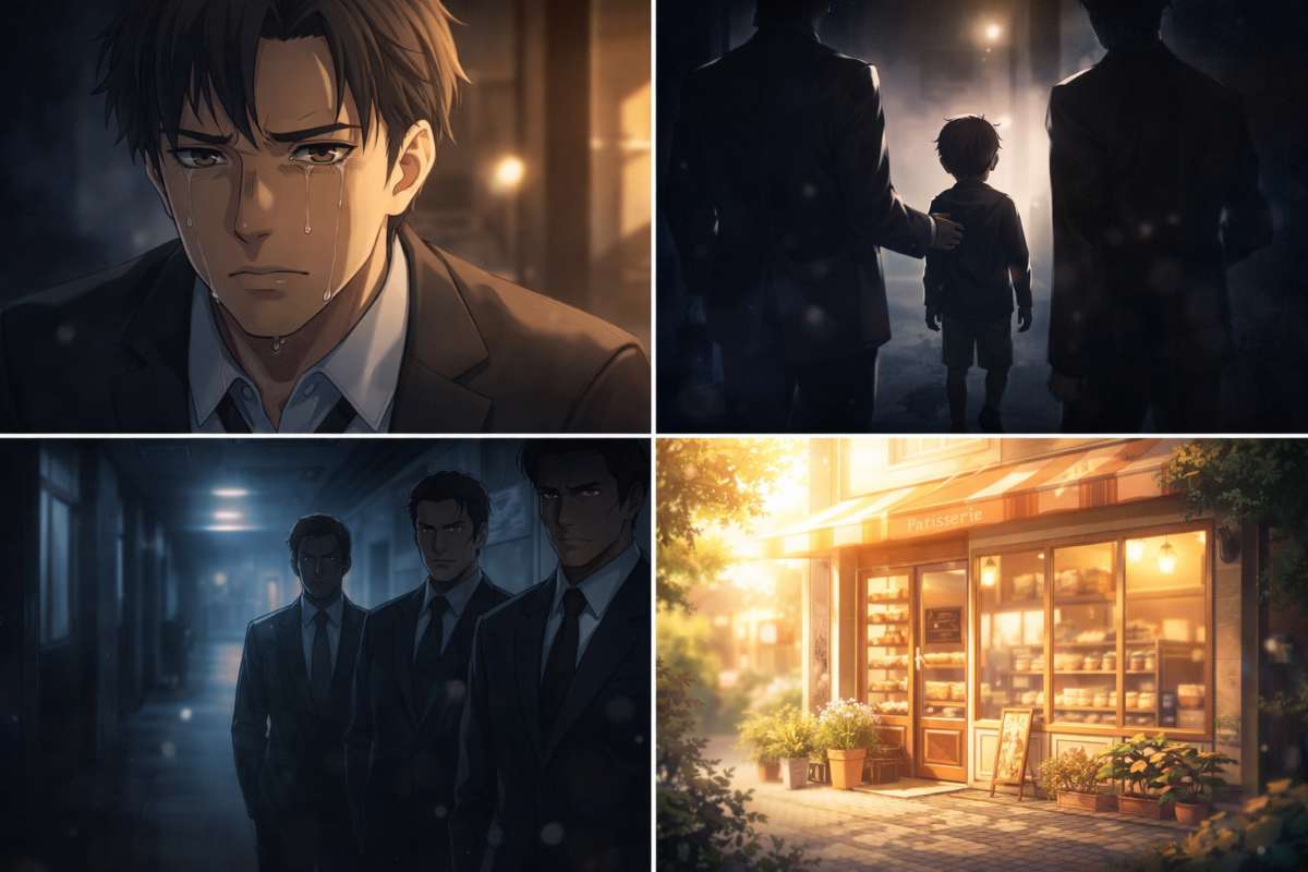 涙を流す男性、誘拐の危機、暗躍する警察官、そして陽光に包まれた洋菓子店を描いた4コマ風イラスト
