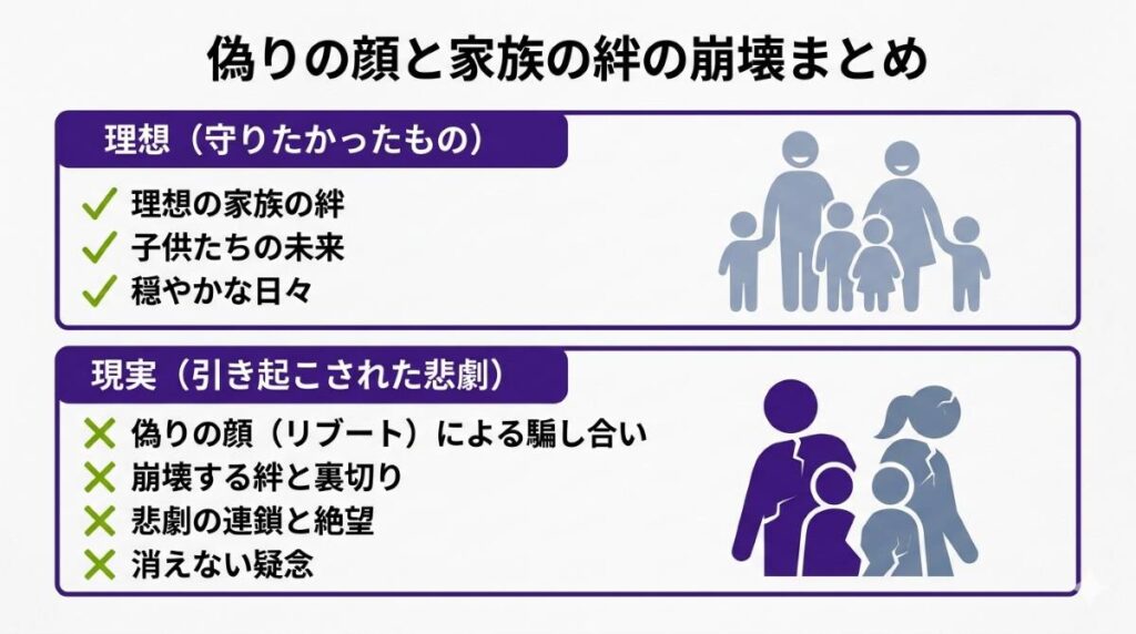 リブートという行為がもたらした家族の形の崩壊と真実をまとめた図解。偽りの顔で守りたかったものと、その結果引き起こされた悲劇の連鎖、残された絶望という記事のテーマが分かります。