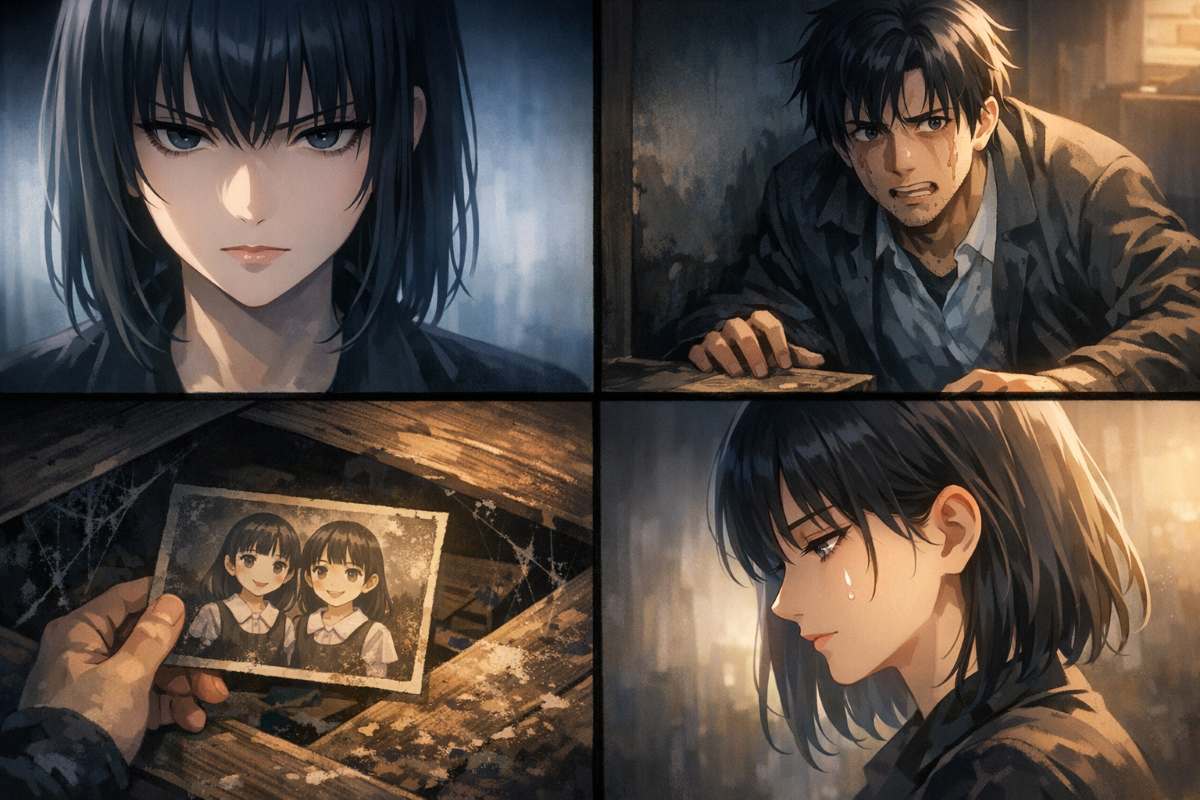 冷徹な表情を浮かべる女性と、天井裏に隠された古い写真、そして静かに涙を流す女性の横顔を4コマ風に描いたサスペンス調のアニメイラストイメージ。