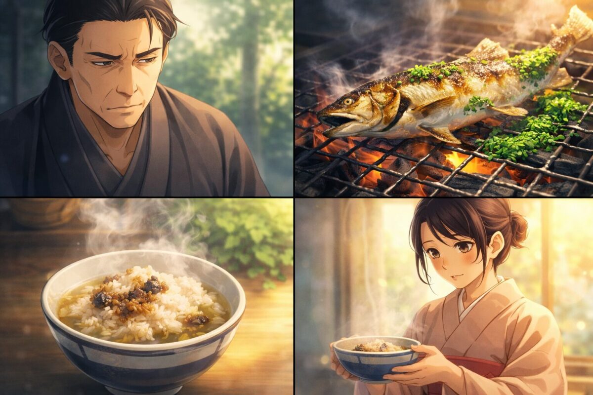 炭火で焼かれた鮎と湯気の立つおこげ茶漬け、和装の男性と料理を受け取る女性が描かれた初夏の風景イメージ