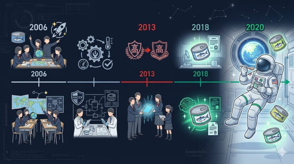 小浜水産高校のサバ缶が宇宙へ行くまでの14年間の軌跡を示すタイムライン図解。2006年のプロジェクト始動、NASA基準の壁、2013年の学校統廃合の危機を経て、2018年の宇宙日本食認証、2020年のISS実食に至る流れが分かります。