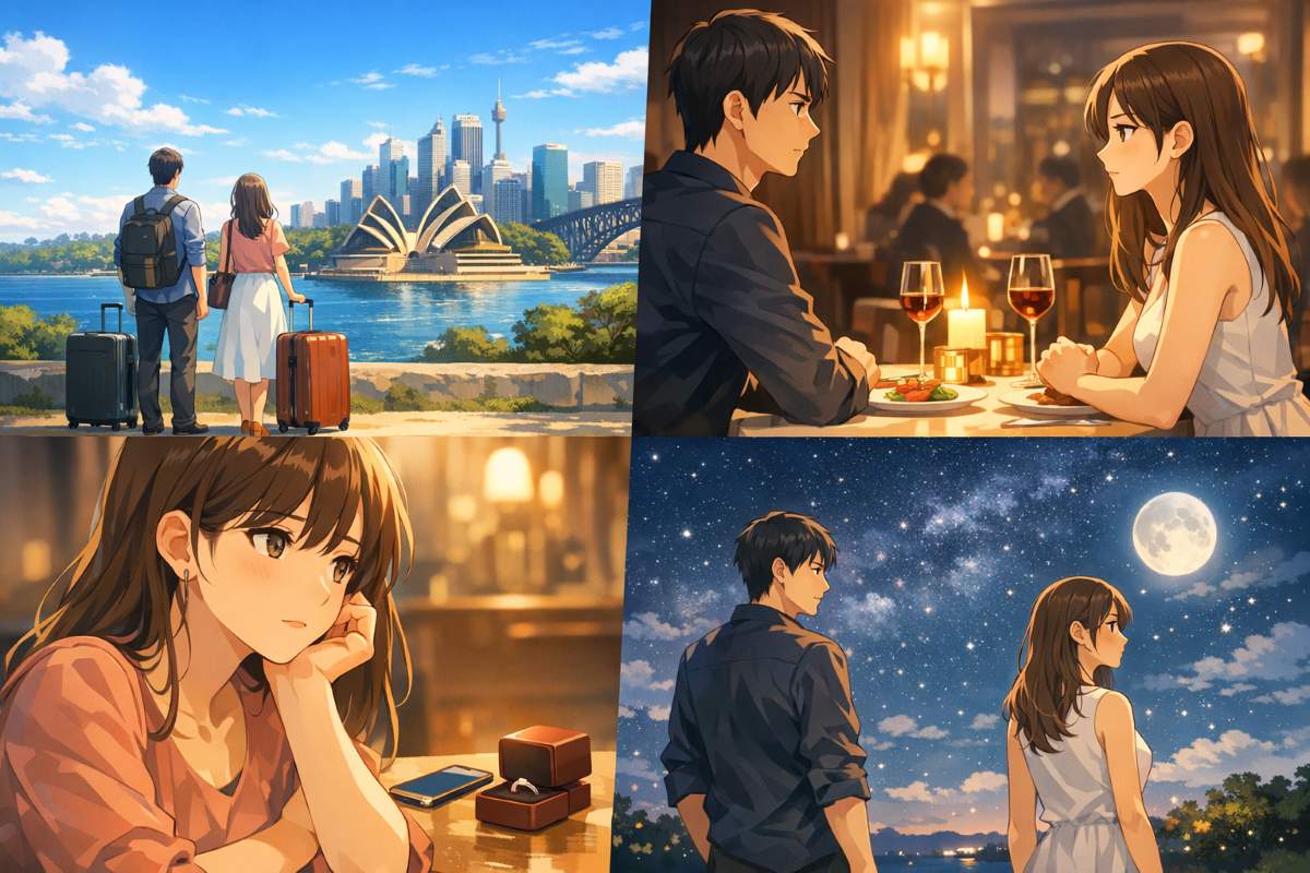 オーストラリアの美しい街並みと、結婚への壁に直面し深刻な表情で話し合う男女の姿を描いたアニメ風イラストイメージ