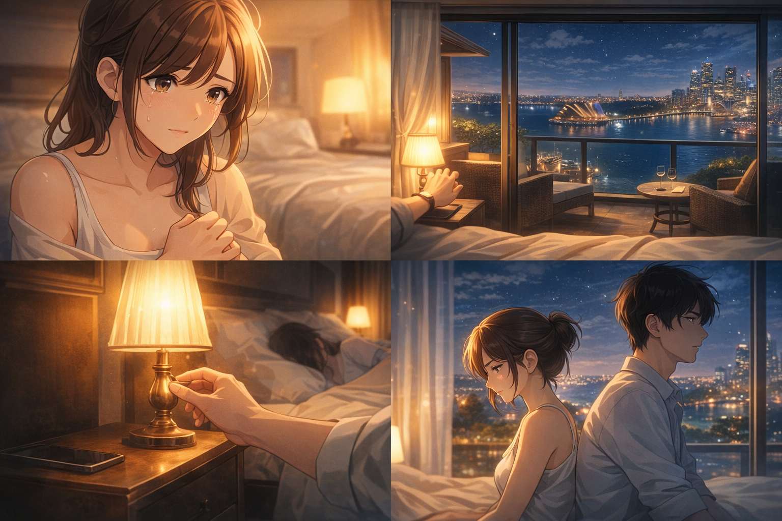 涙を浮かべる女性とオーストラリアの夜景、判明した新ルールと枕元のランプに手を伸ばす様子を描いた4分割のイメージ