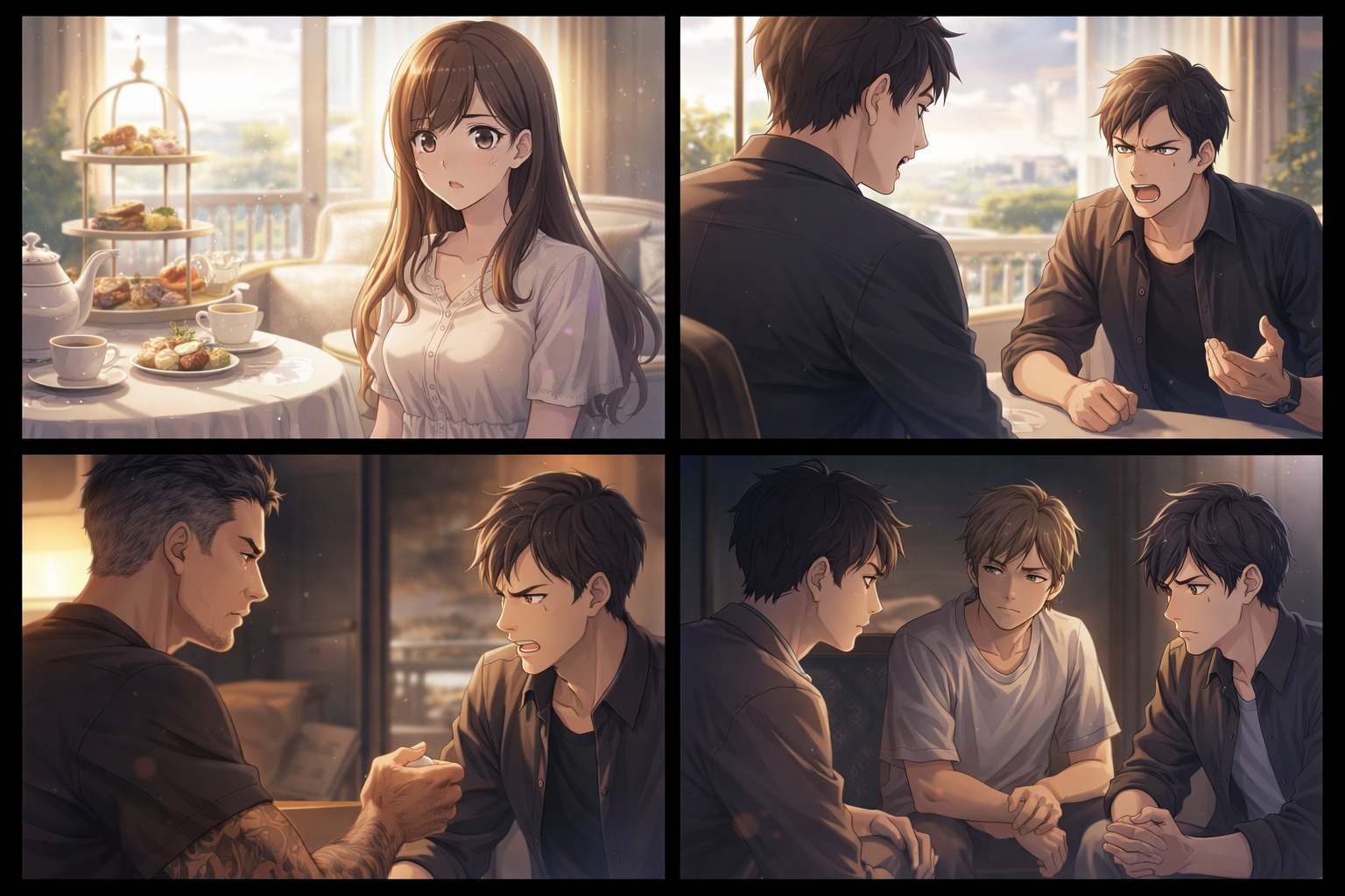 高級ホテルのティータイムで緊張した面持ちで向き合う男女と、夜に真剣な表情で語り合う男性たちの感情のすれ違いや葛藤を表現したアニメ調イメージ