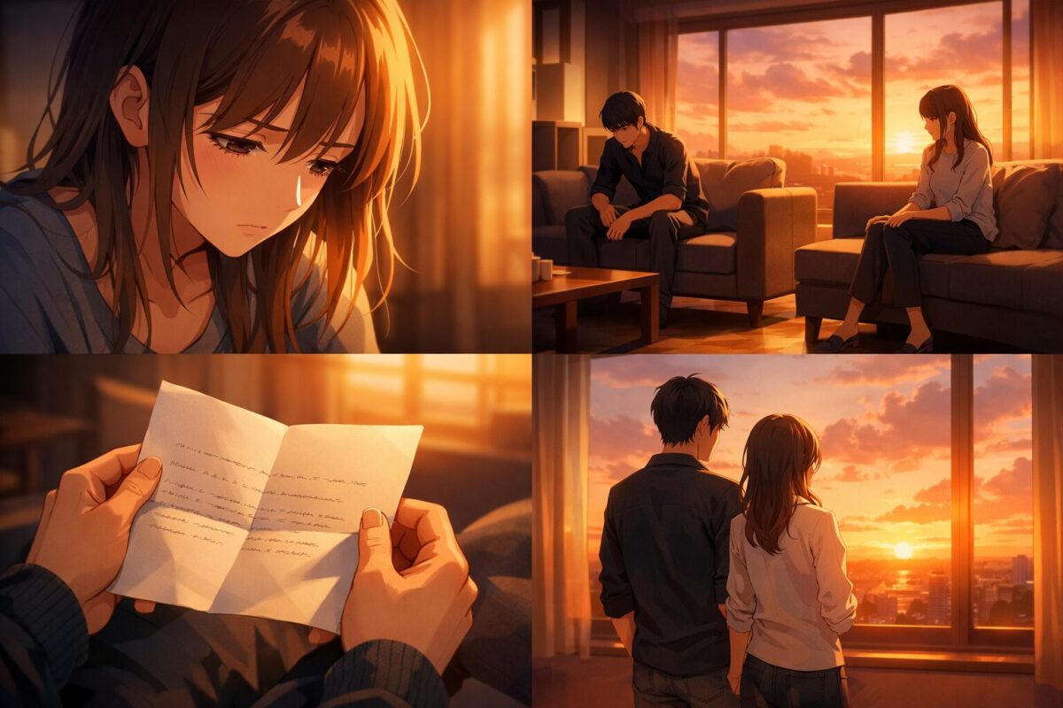 夕暮れの部屋で深刻な表情で距離を置いて座る男女や、手紙を手に思い悩む若者たちのアニメ調イラストイメージ。