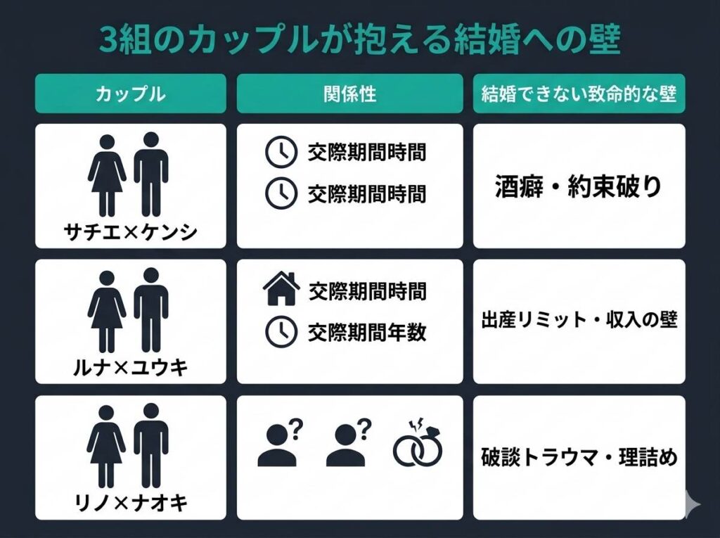 さよならプロポーズオーストラリア編に参加する3組のカップルの抱える結婚への壁と問題点を整理した図解
