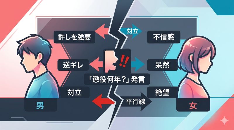 ケンシとサチエの話し合いが完全決裂した原因となる過去の浮気疑惑と「懲役何年？」発言による両者の感情の対立構造を示した相関図