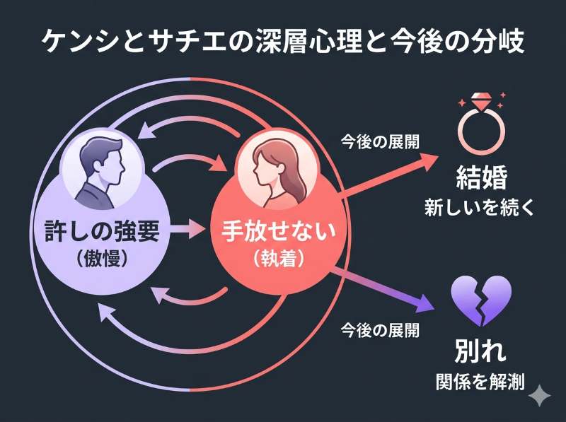 許しを強要する傲慢さと信じられない相手を手放せない執着というケンシとサチエの深層心理と今後の分岐を解説した因果関係図
