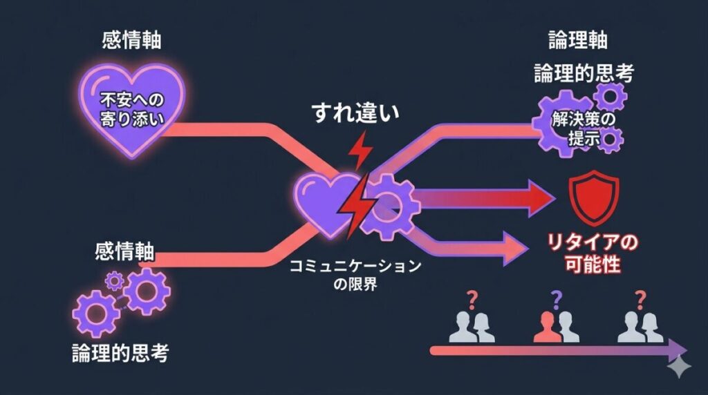 感情で話すタイプと論理で話すタイプの根本的なすれ違い構造と中間決断でのリタイア可能性を示す考察図解