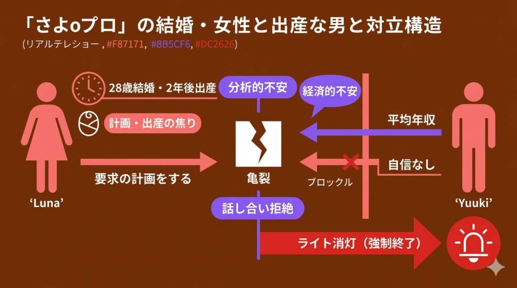ルナとユウキの価値観の不一致を整理した因果図。ルナの「出産を見据えた結婚の計画性」の要求に対し、ユウキが「年収・覚悟の不足」を理由に会話を拒絶しライトを消すまでの、男女の致命的な温度差を可視化しています。