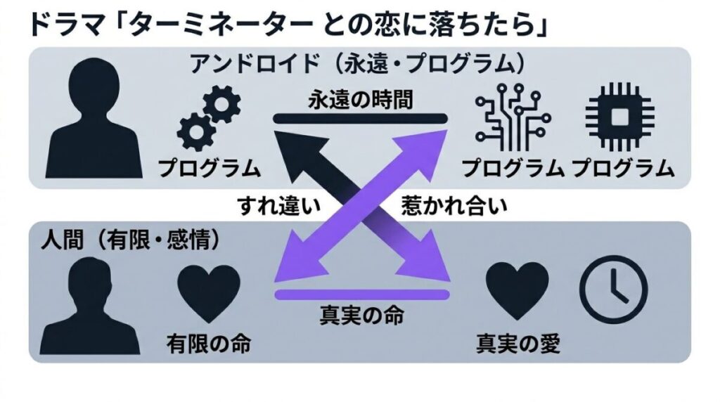 ドラマ「ターミネーターと恋しちゃったら」における、永遠の時間を生きるアンドロイドと有限の命を持つ人間の女性の対比、およびすれ違う恋愛構造を示す因果・対比図。