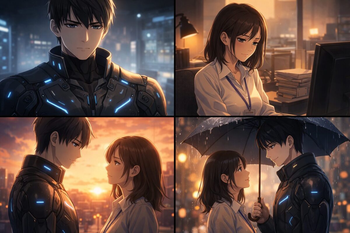 400年後の未来から来た感情を持たない青年と、現代で働く女性が心を通わせていく切なくも温かい純愛ストーリーを描いた4コマ風イメージ