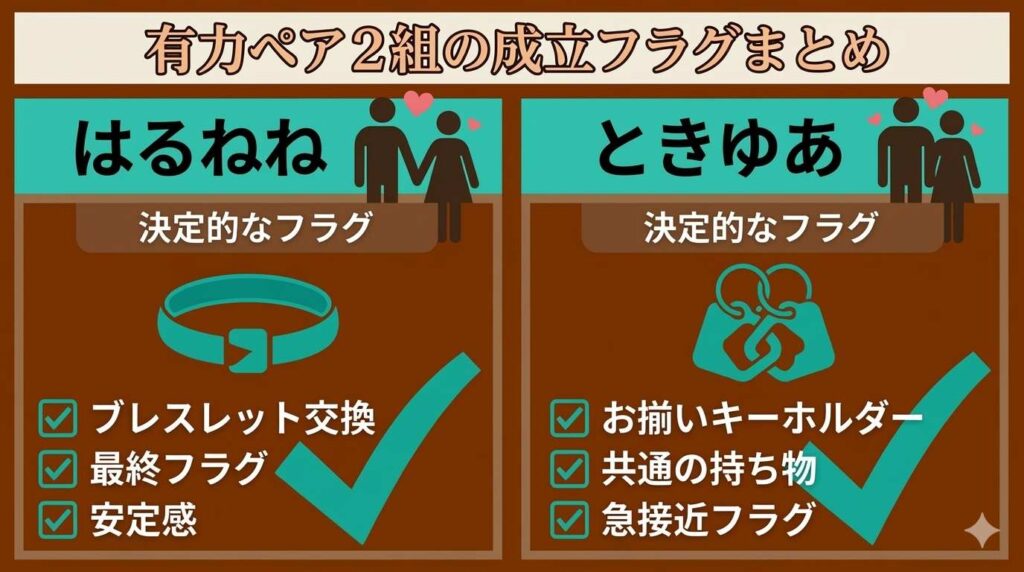 視聴者から成立濃厚と予想されるトップ2組のペアについて、それぞれの決定的なフラグ（ブレスレットとお揃いキーホルダー）を整理した比較図解