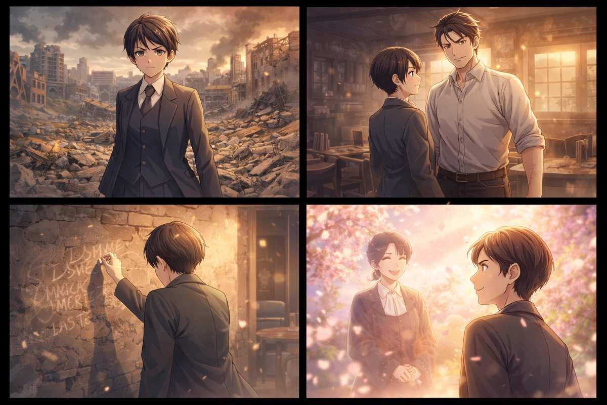 戦後の焼け野原に立つ男装の女性、カフェの壁にチョークで文字を刻む姿、熱血漢の相棒との再会、温かい春の光の中で微笑む幻影の友人の4シーンで構成されたアニメ風イメージ