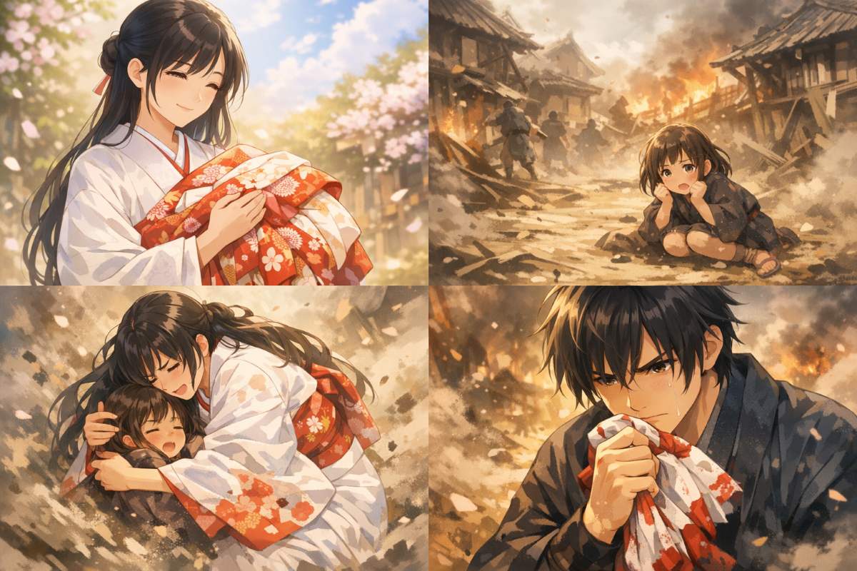 戦乱の中で少女を庇う着物姿の女性と、悲しみを乗り越えて決意を固める青年の様子を描いた4コマ風のアニメ調イラストイメージ。