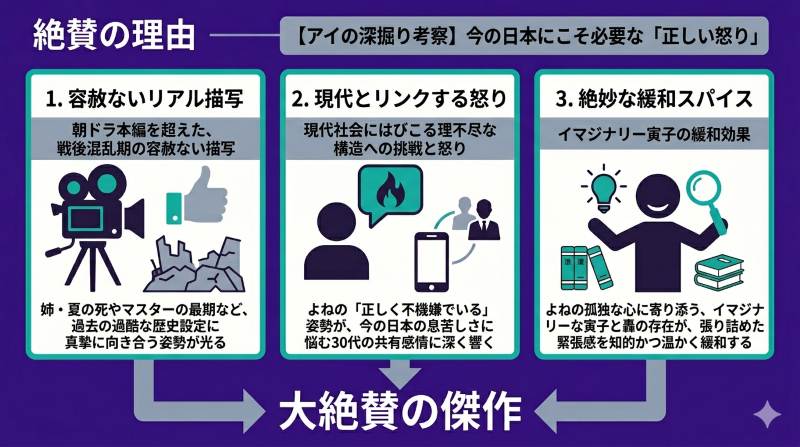 スピンオフが絶賛された3つの理由であるリアルな描写と現代とリンクする怒りへの共感およびイマジナリー寅子の緩和をまとめた図解イメージ