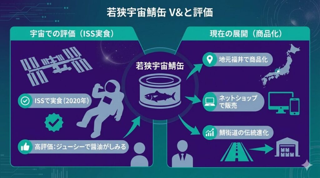 若狭宇宙鯖缶の現在地を示す図解。2020年のISSでの実食で得られた高評価と、現在地元福井やネットショップで商品化・販売されている状況、鯖街道の伝統が進化している様子が分かります。