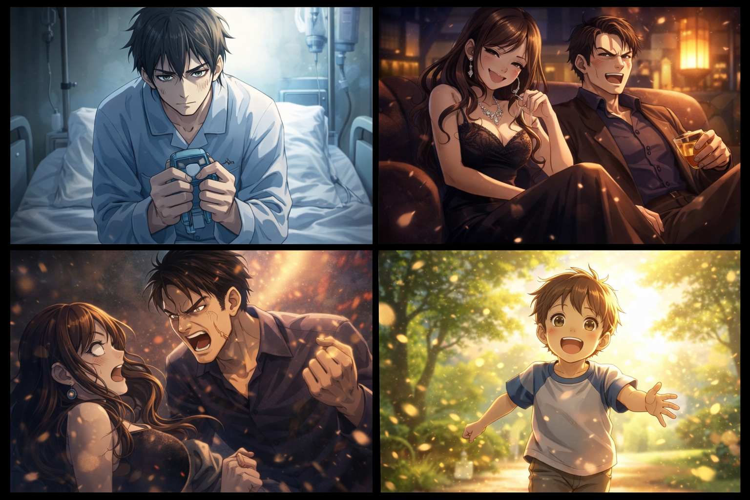 病室で決意を固める青年と、陰謀を企てる男女の破滅、そして光に包まれて走る子供の温かい未来を描いた4コマ風のアニメイラストイメージ。