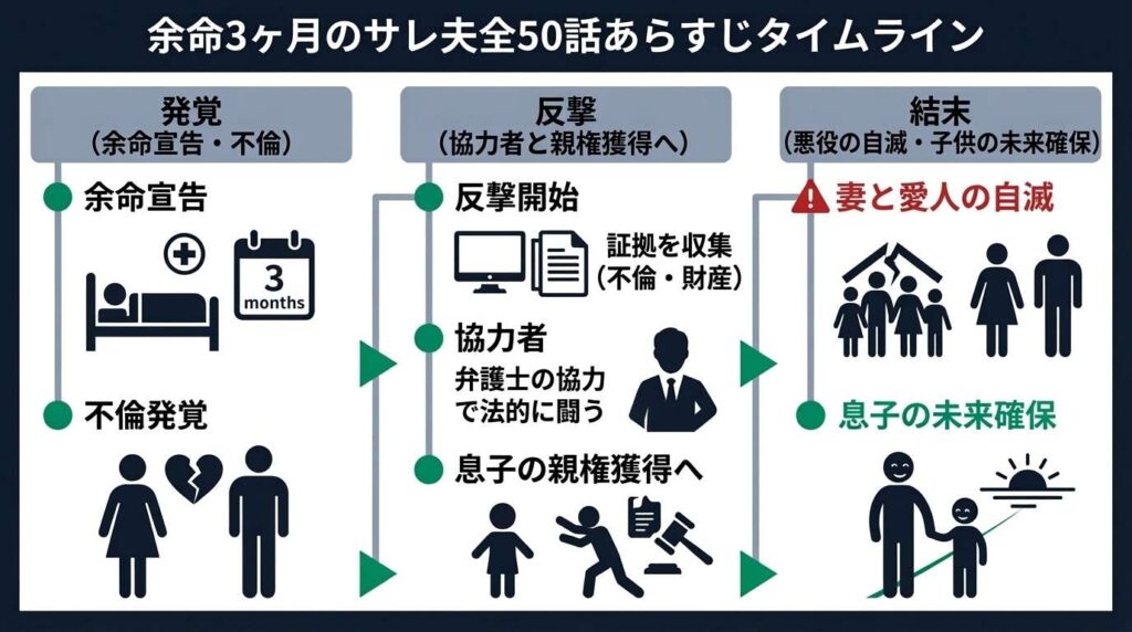 漫画「余命3ヶ月のサレ夫」全50話の時系列まとめ。余命宣告と不倫発覚から、反撃を経て悪役が自滅し、主人公が子供の未来を守り抜くまでの流れが分かるタイムライン図解。