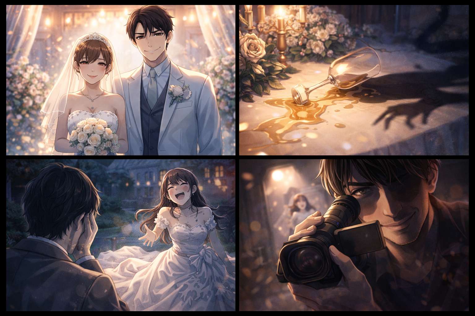 ウェディングドレス姿の女性と、カメラを構えて不敵に微笑むカメラマンの様子を描いたイメージ