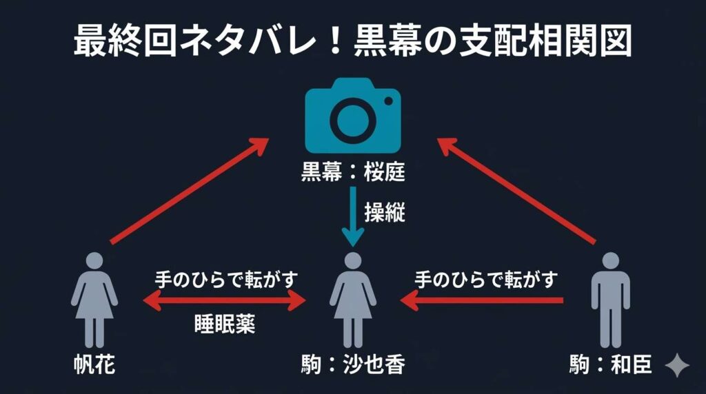 ドラマ「ぜんぶ、あなたのためだから」最終回の黒幕相関図。カメラマン桜庭が沙也香を操り、帆花や和臣を手のひらで転がす支配構造を整理。