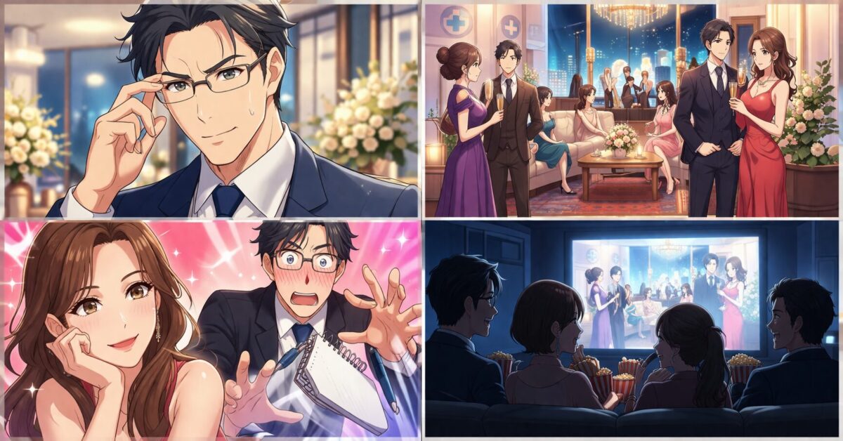 論理的なスーツ姿の男性が豪華なラウンジで大人の女性たちに翻弄され、観察者たちがモニター越しに楽しんでいる4コマ風アニメイラストイメージ