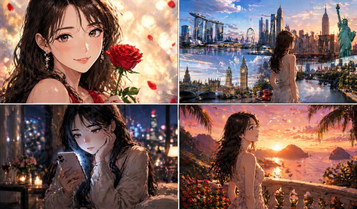 赤いバラを持ち、海外の美しい街並みや華やかな日常を背景に真実の愛を探す洗練された女性のイメージ