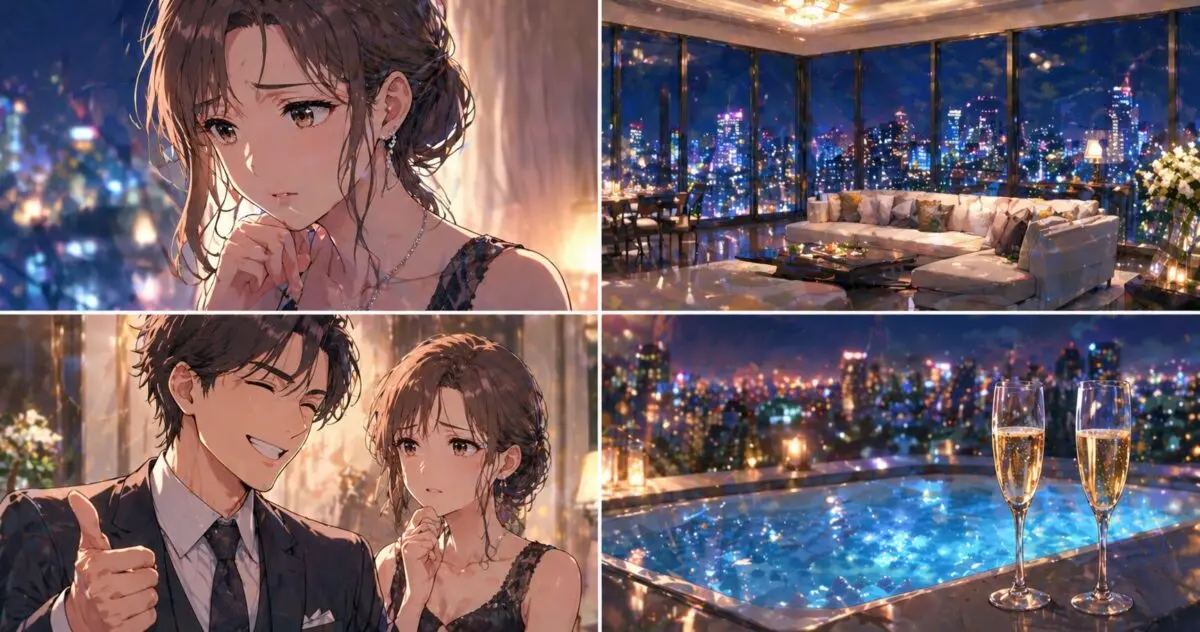 豪華なペントハウスの夜景や、不安げな表情の女性と楽観的に微笑む男性の対比、そして夜のジャグジーに置かれたシャンパングラスが描かれた4分割構成のイラストイメージ