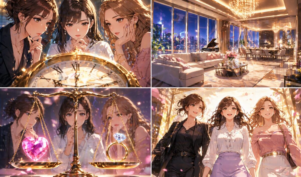 時計のモチーフと豪華な部屋を背景に、3人の女性が恋愛感情と結婚の条件の間で葛藤し決断する姿を描いた4分割イメージ