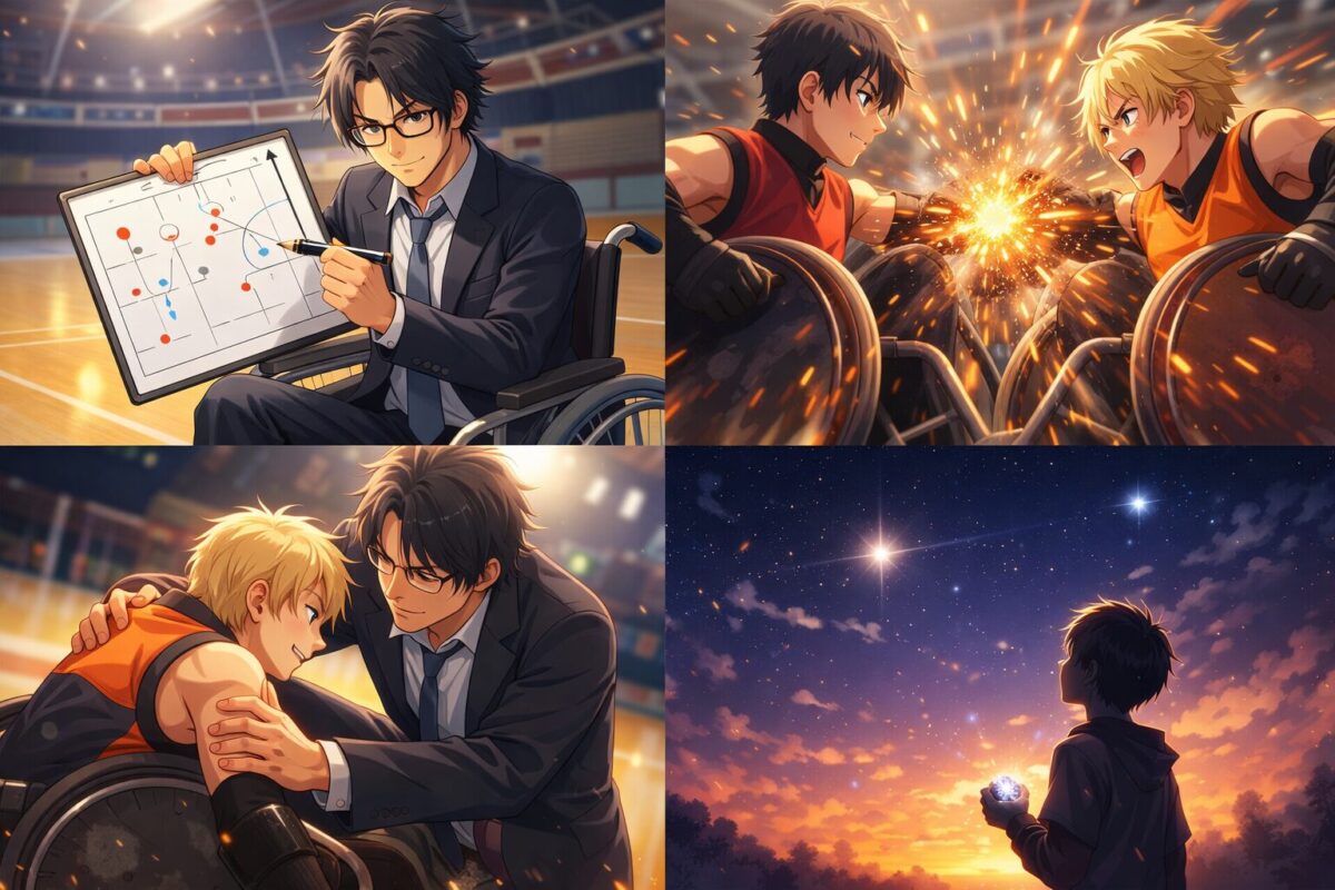 車いすラグビーの激しい試合、倒れた選手を支える父親、そして夜空に輝く2つの星を見上げる少年のイメージ