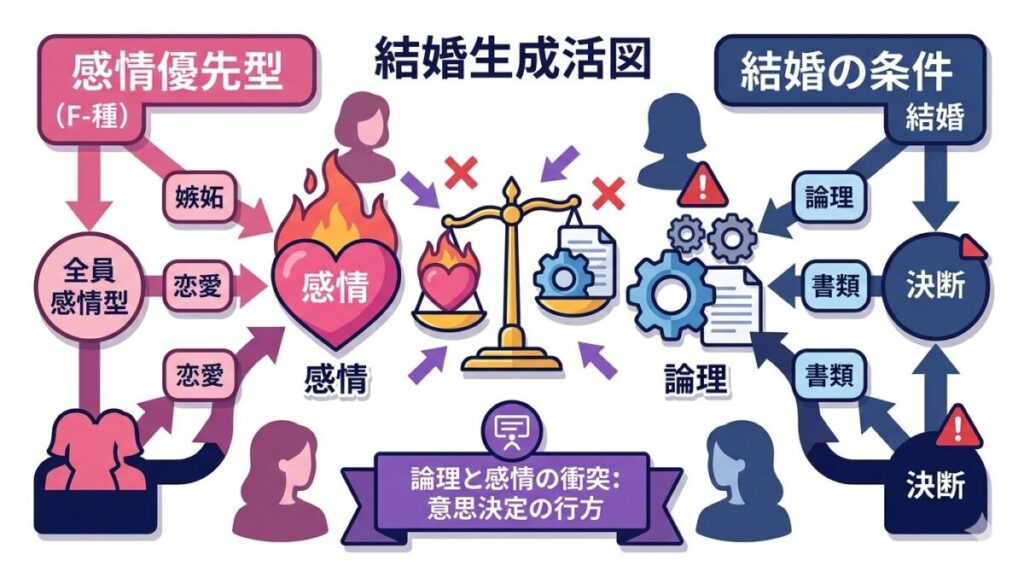 女性メンバー全員が感情優先のF型であることと、婚活における感情無用の法則の矛盾を解説した因果関係図
